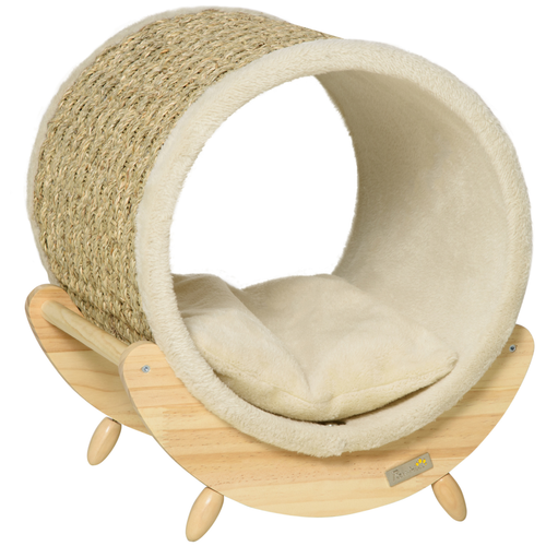 Katloom Deluxe Elevated Tunnel Bed with Scratcher, Cushion & Wooden Base - Beige