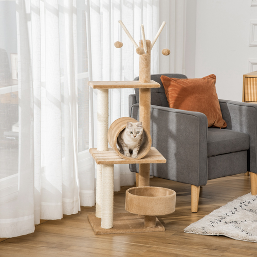 Katloom Activity Tree with Scratching Posts, Bed and Tunnel - Beige