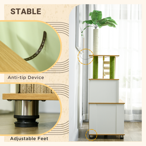 Katloom Deluxe Wooden Activity Tree with Bed Box, Palm Tree Scratching Post and Storage Cabinet - White/Green