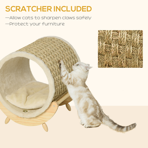 Katloom Deluxe Elevated Tunnel Bed with Scratcher, Cushion & Wooden Base - Beige