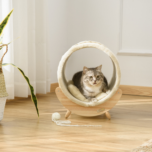 Katloom Deluxe Elevated Tunnel Bed with Scratcher, Cushion & Wooden Base - Beige