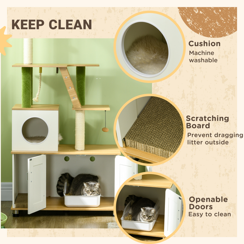 Katloom Deluxe Wooden Activity Tree with Bed Box, Palm Tree Scratching Post and Storage Cabinet - White/Green