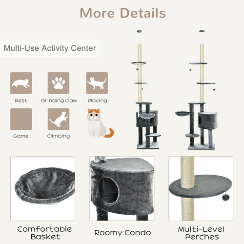 Katloom Large Floor to Ceiling Multi Platform Cat Tree with Scratching Posts and Bed - Grey