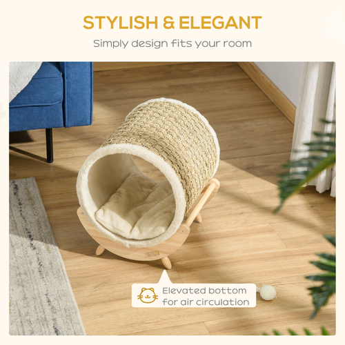 Katloom Deluxe Elevated Tunnel Bed with Scratcher, Cushion & Wooden Base - Beige