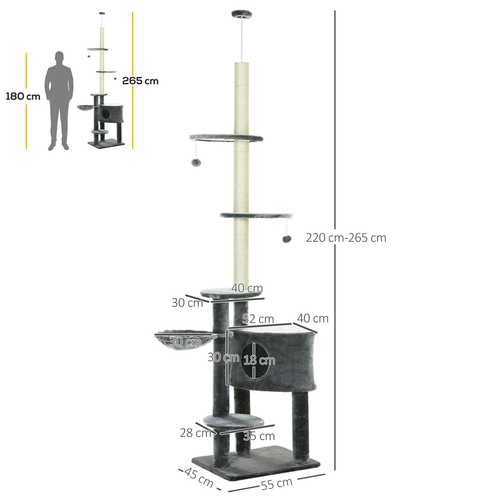 Katloom Large Floor to Ceiling Multi Platform Cat Tree with Scratching Posts and Bed - Grey