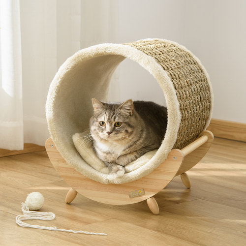 Katloom Deluxe Elevated Tunnel Bed with Scratcher, Cushion & Wooden Base - Beige
