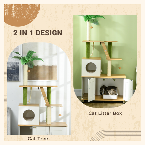 Katloom Deluxe Wooden Activity Tree with Bed Box, Palm Tree Scratching Post and Storage Cabinet - White/Green
