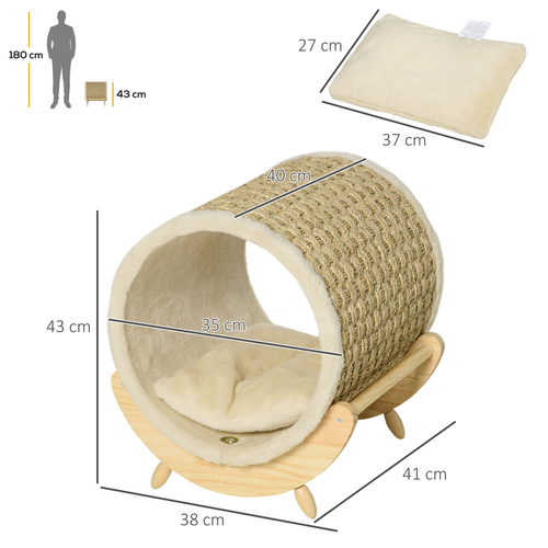 Katloom Deluxe Elevated Tunnel Bed with Scratcher, Cushion & Wooden Base - Beige