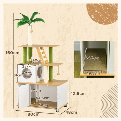 Katloom Deluxe Wooden Activity Tree with Bed Box, Palm Tree Scratching Post and Storage Cabinet - White/Green