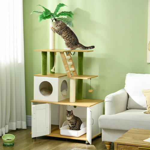 Katloom Deluxe Wooden Activity Tree with Bed Box, Palm Tree Scratching Post and Storage Cabinet - White/Green
