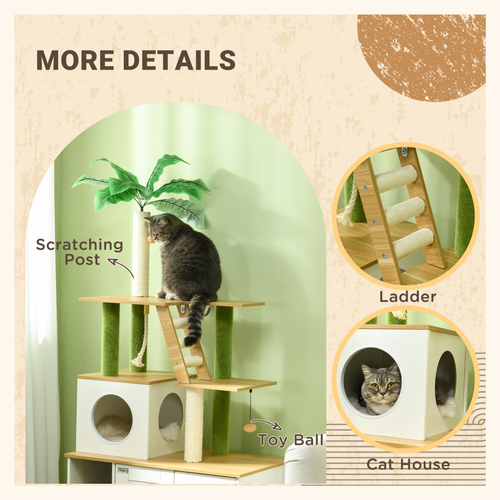 Katloom Deluxe Wooden Activity Tree with Bed Box, Palm Tree Scratching Post and Storage Cabinet - White/Green