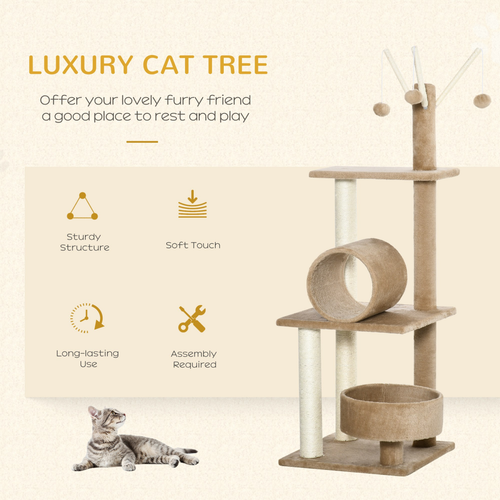 Katloom Activity Tree with Scratching Posts, Bed and Tunnel - Beige