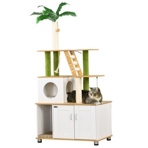 Katloom Deluxe Wooden Activity Tree with Bed Box, Palm Tree Scratching Post and Storage Cabinet - White/Green